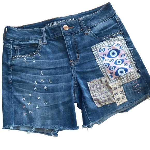 American Eagle Altered Hand Embroidered Shorts Sashiko, Boro, Patchwork,… - Picture 7 of 16